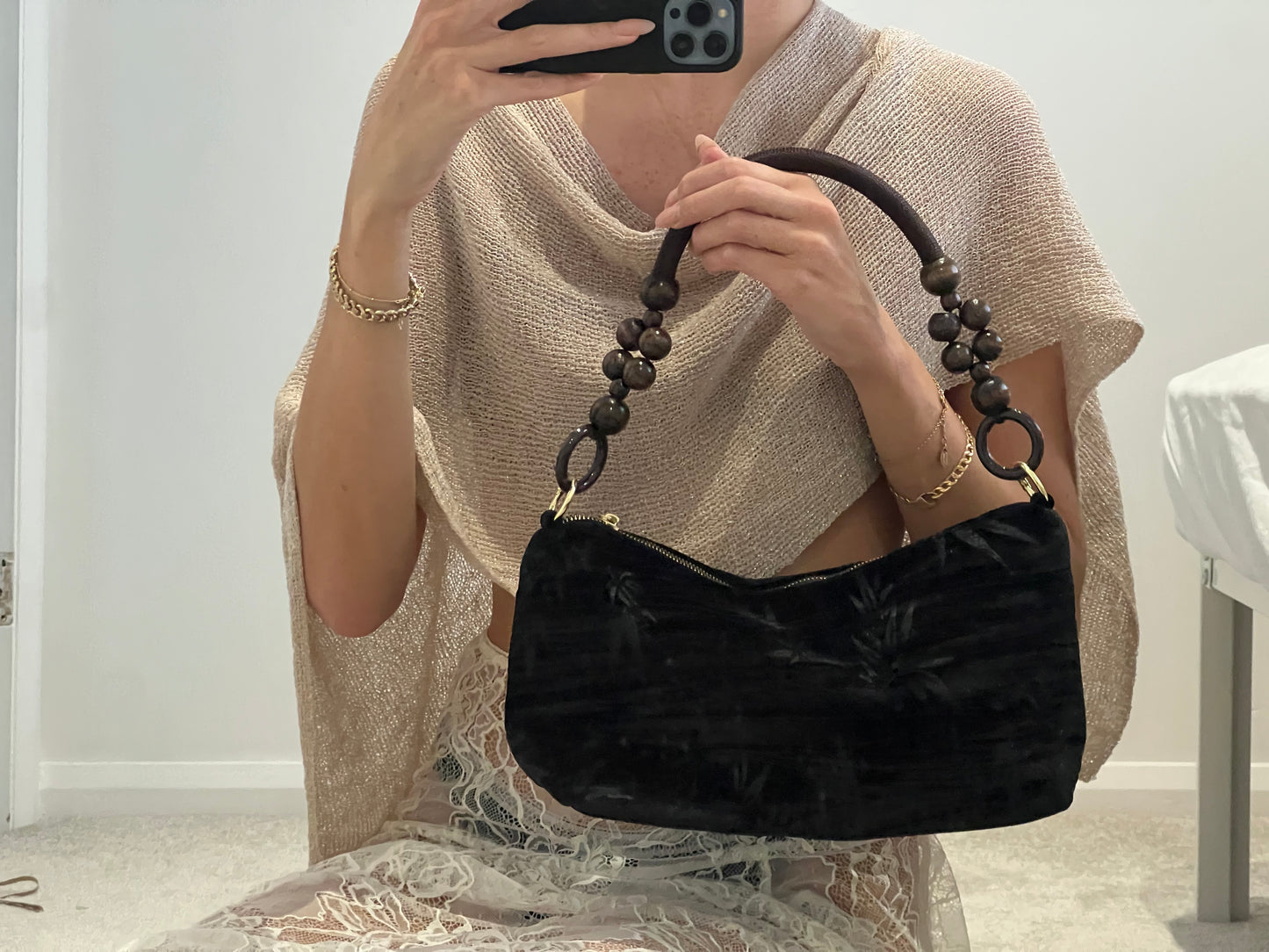 Floral Handbag Wooden Handle