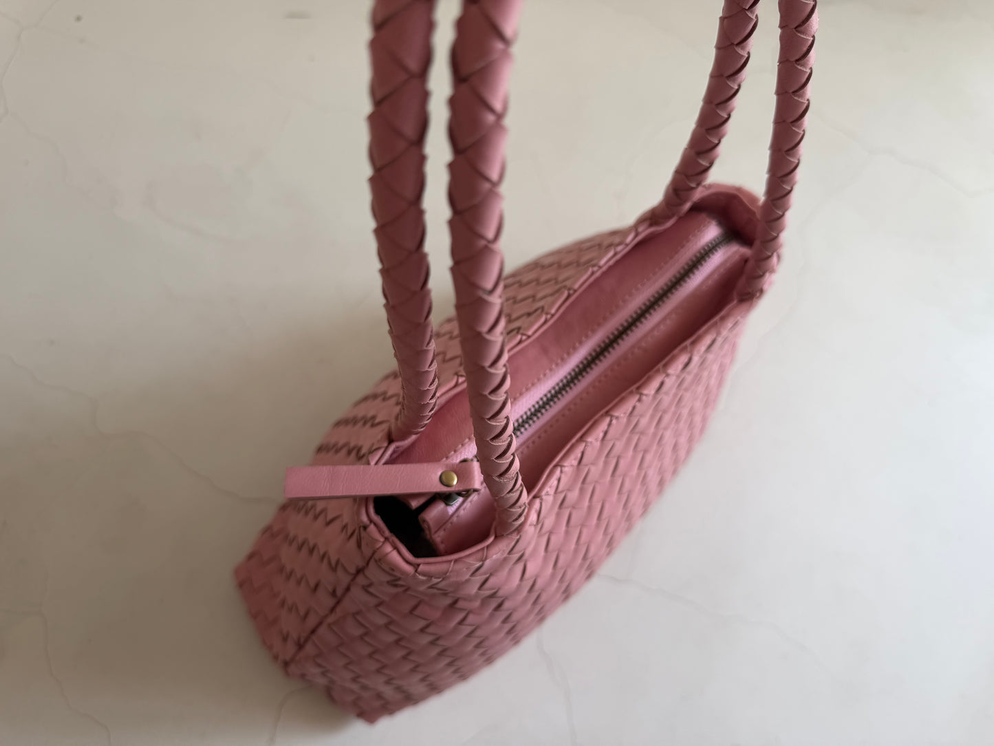 Pink Leather Woven Handbag