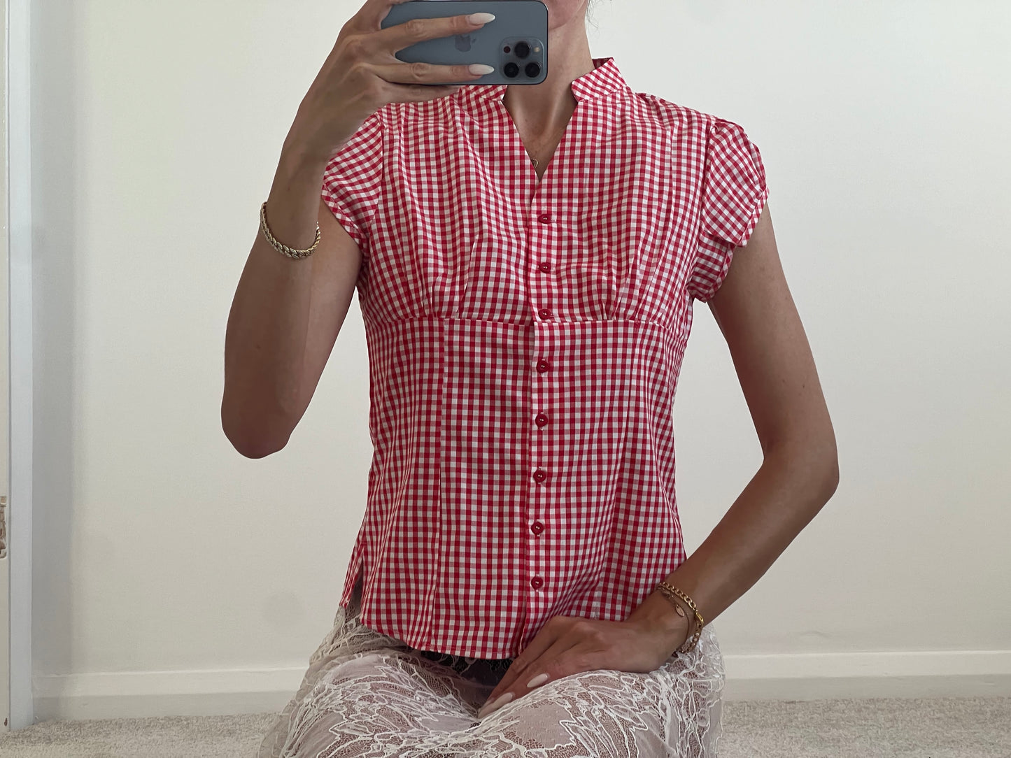 Red and white checkered shirt blouse