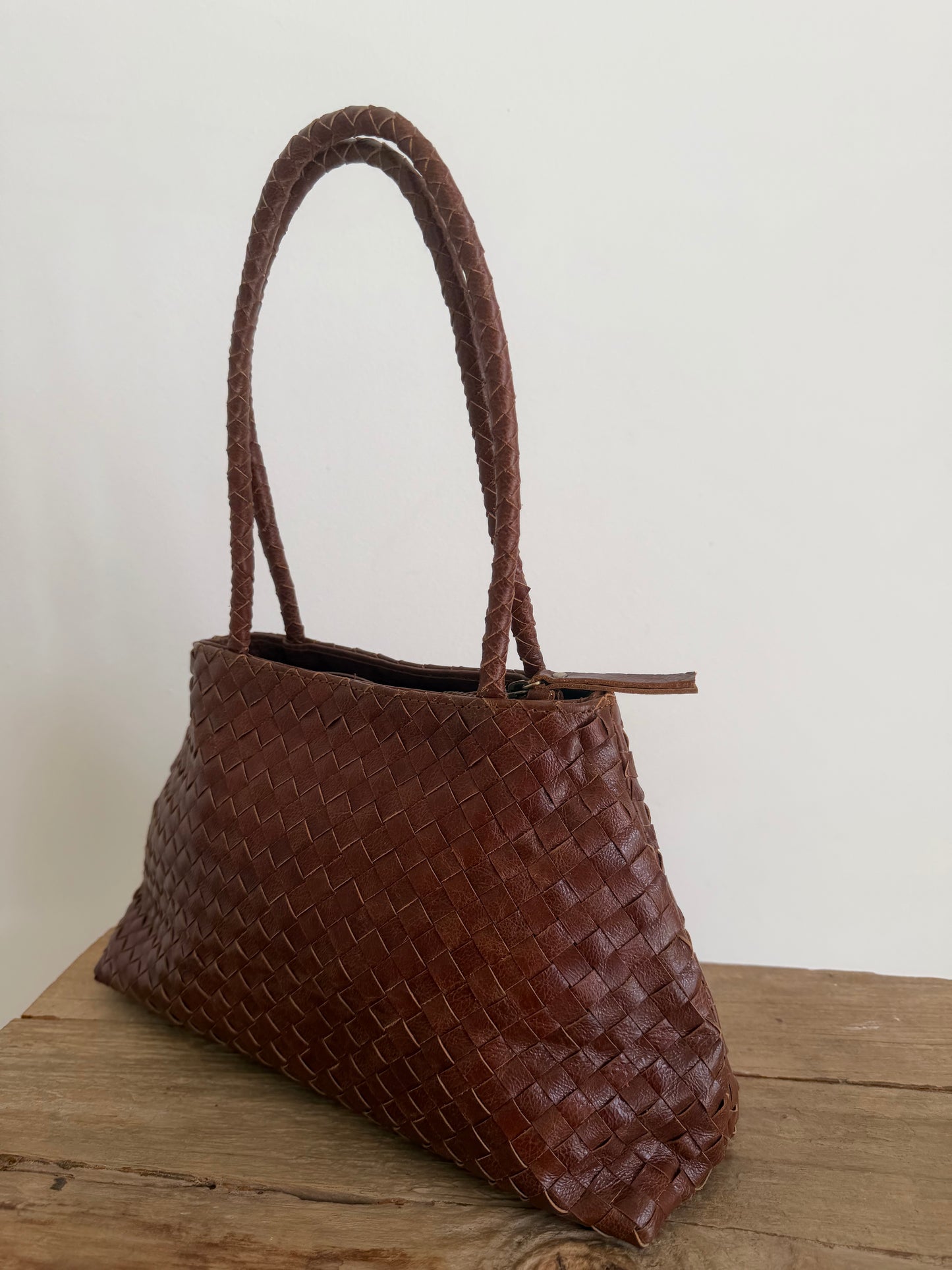 Light Brown Leather Woven Handbag