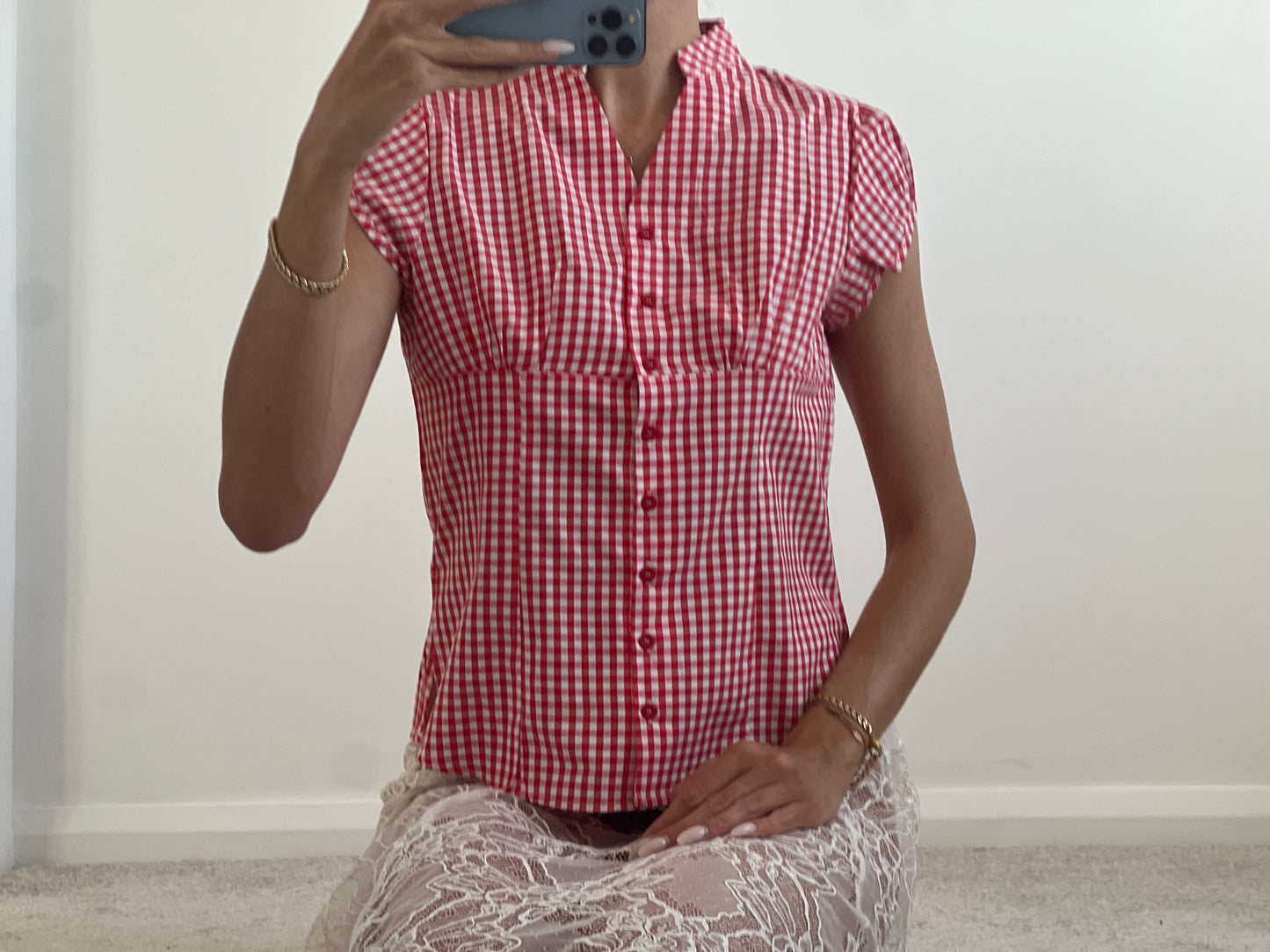 Red and white checkered shirt blouse