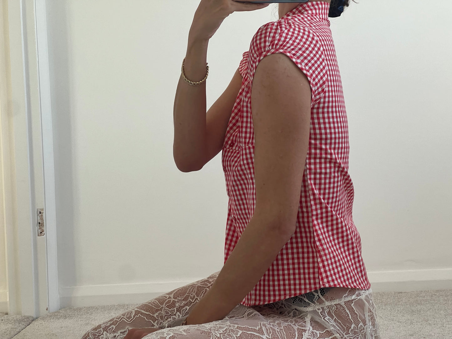 Red and white checkered shirt blouse