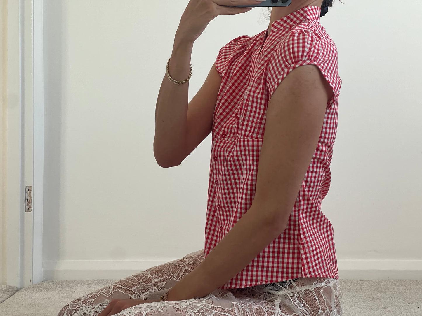 Red and white checkered shirt blouse
