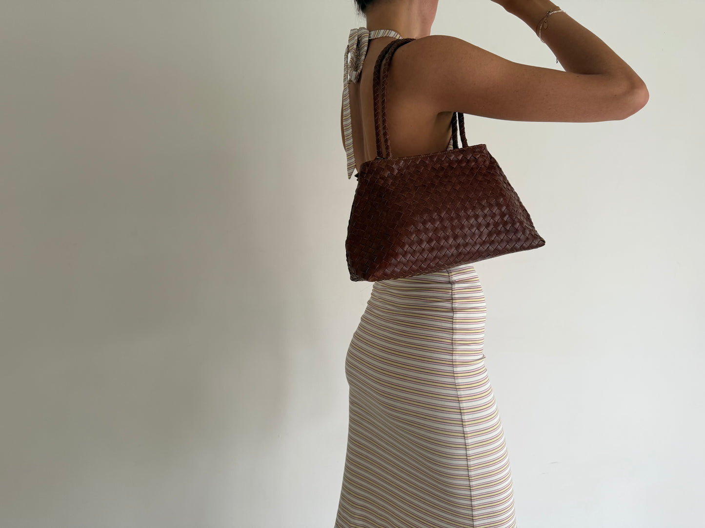 Light Brown Leather Woven Handbag