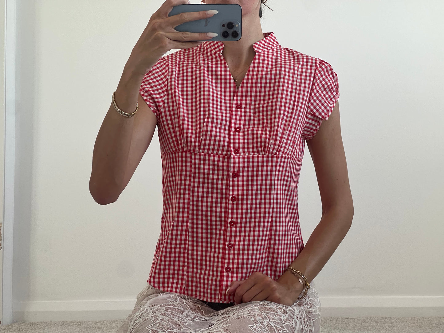 Red and white checkered shirt blouse