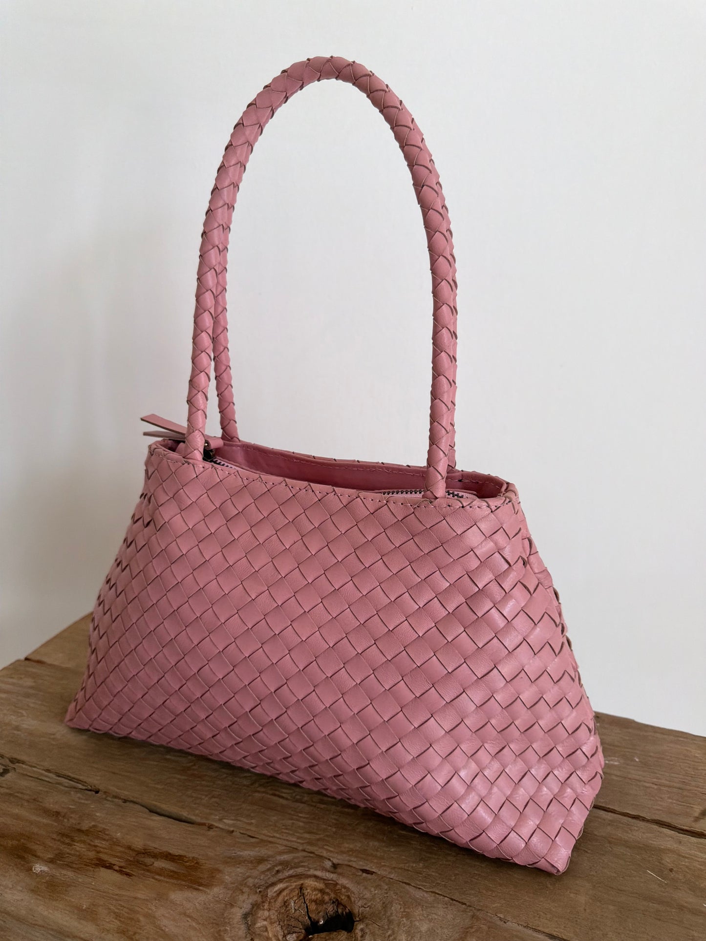 Pink Leather Woven Handbag