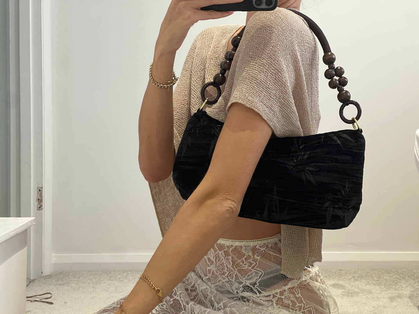 Floral Handbag Wooden Handle