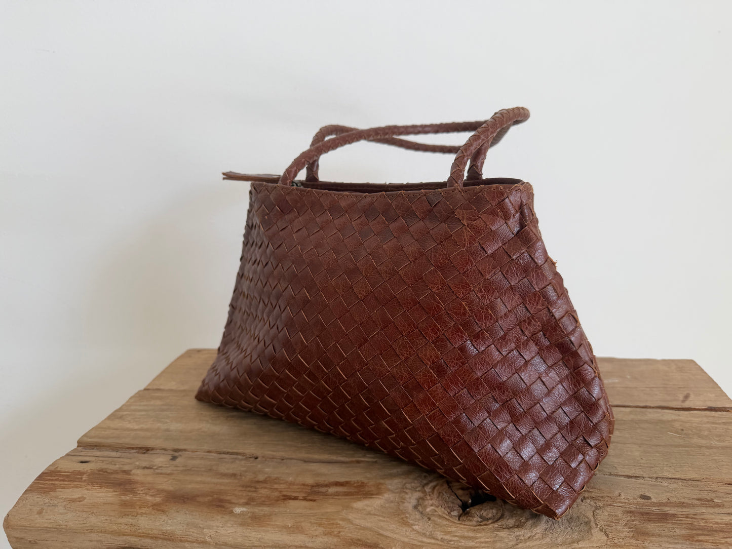Light Brown Leather Woven Handbag
