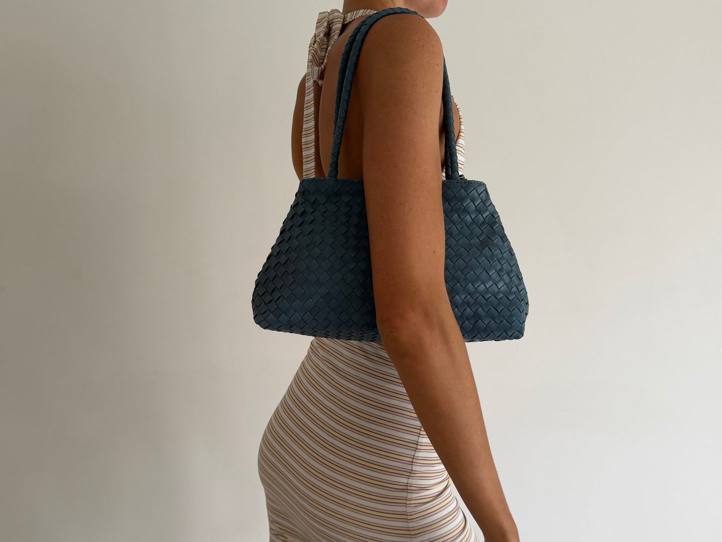 Blue Leather Woven Handbag