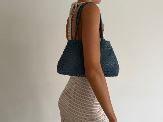 Blue Leather Woven Handbag