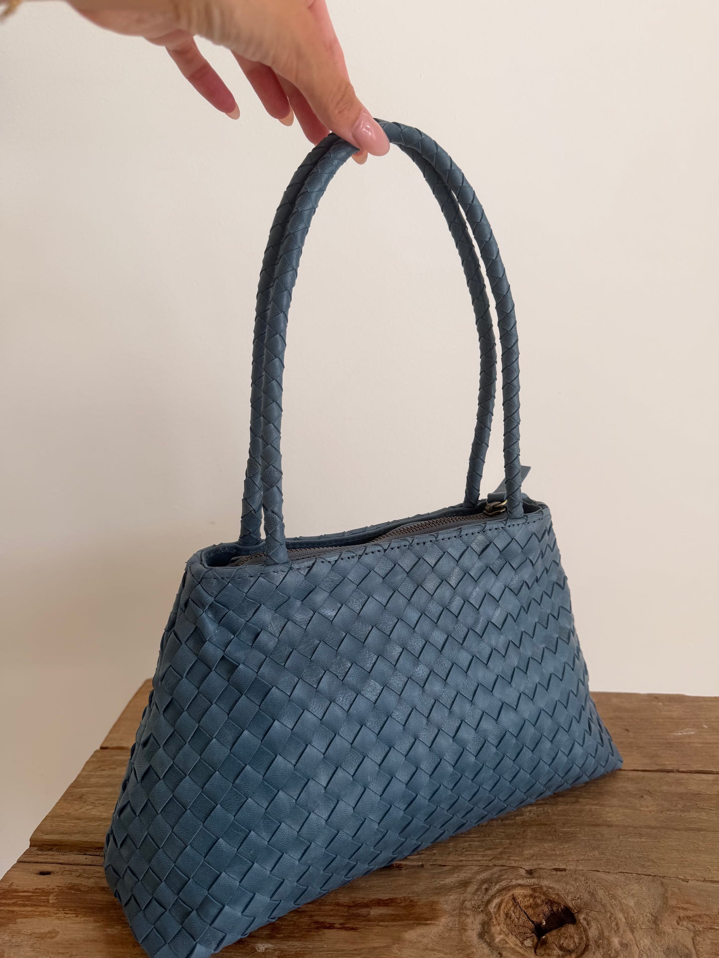 Blue Leather Woven Handbag