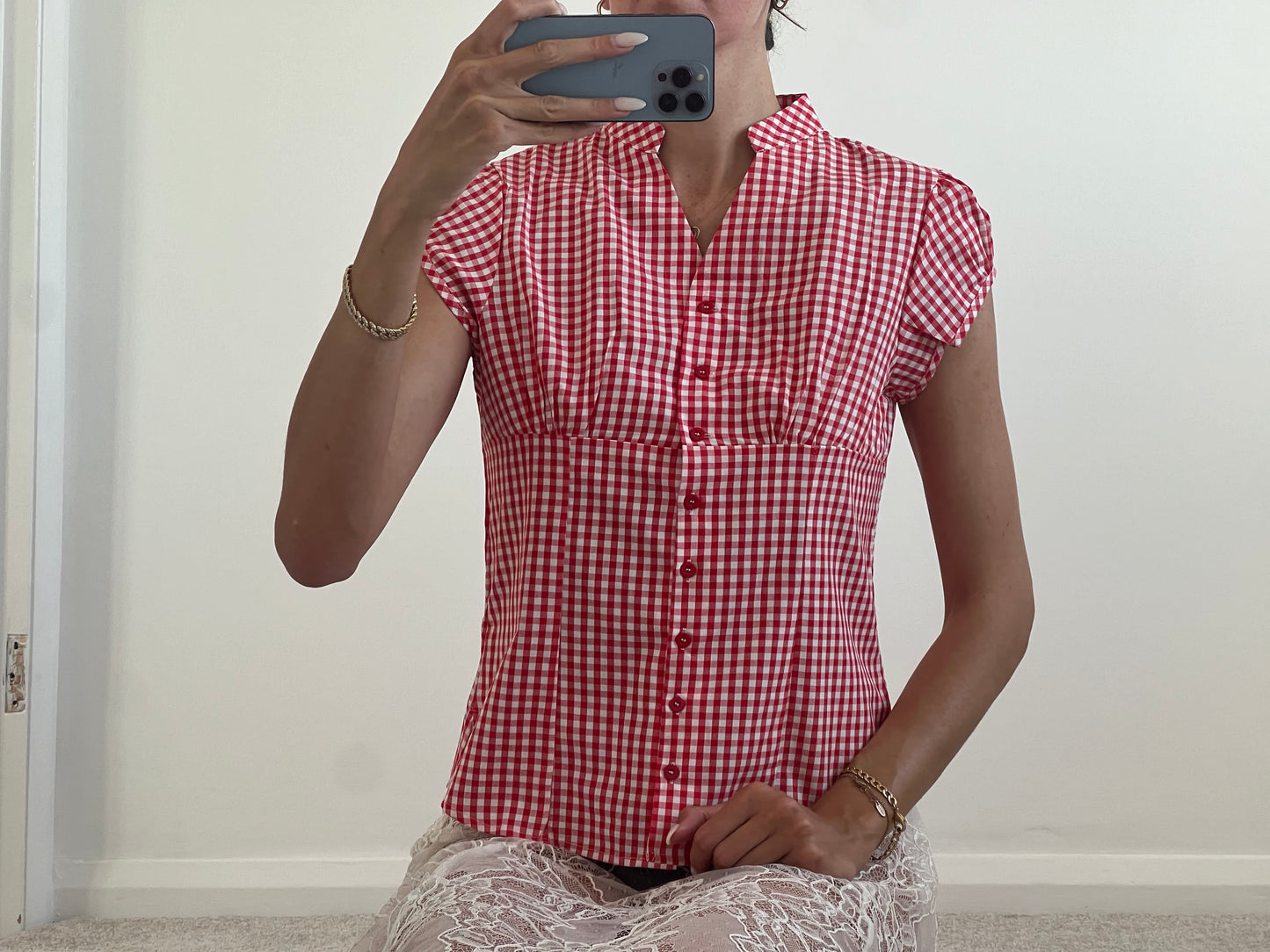 Red and white checkered shirt blouse