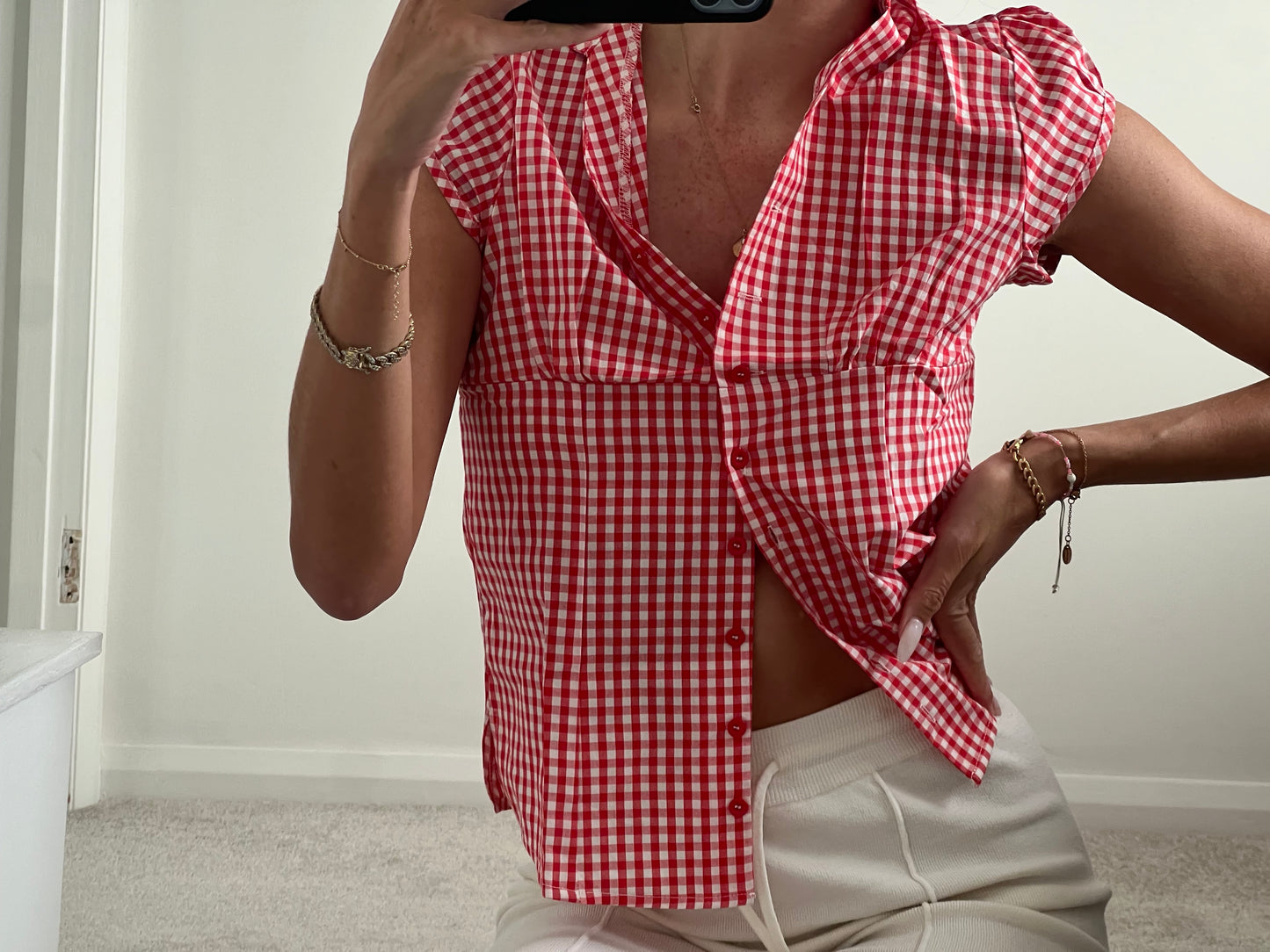 Red and white checkered shirt blouse