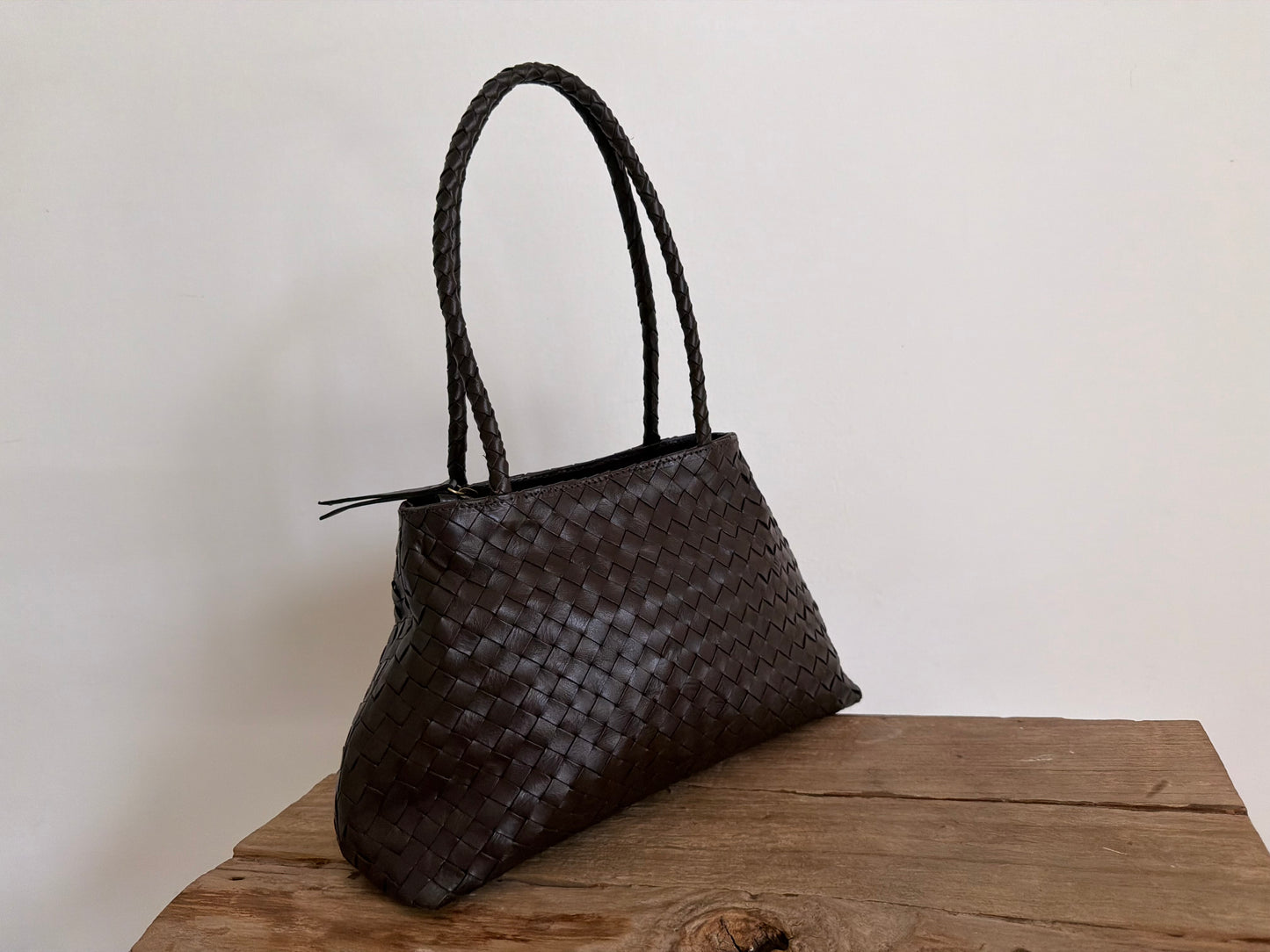 Brown Leather Woven Handbag