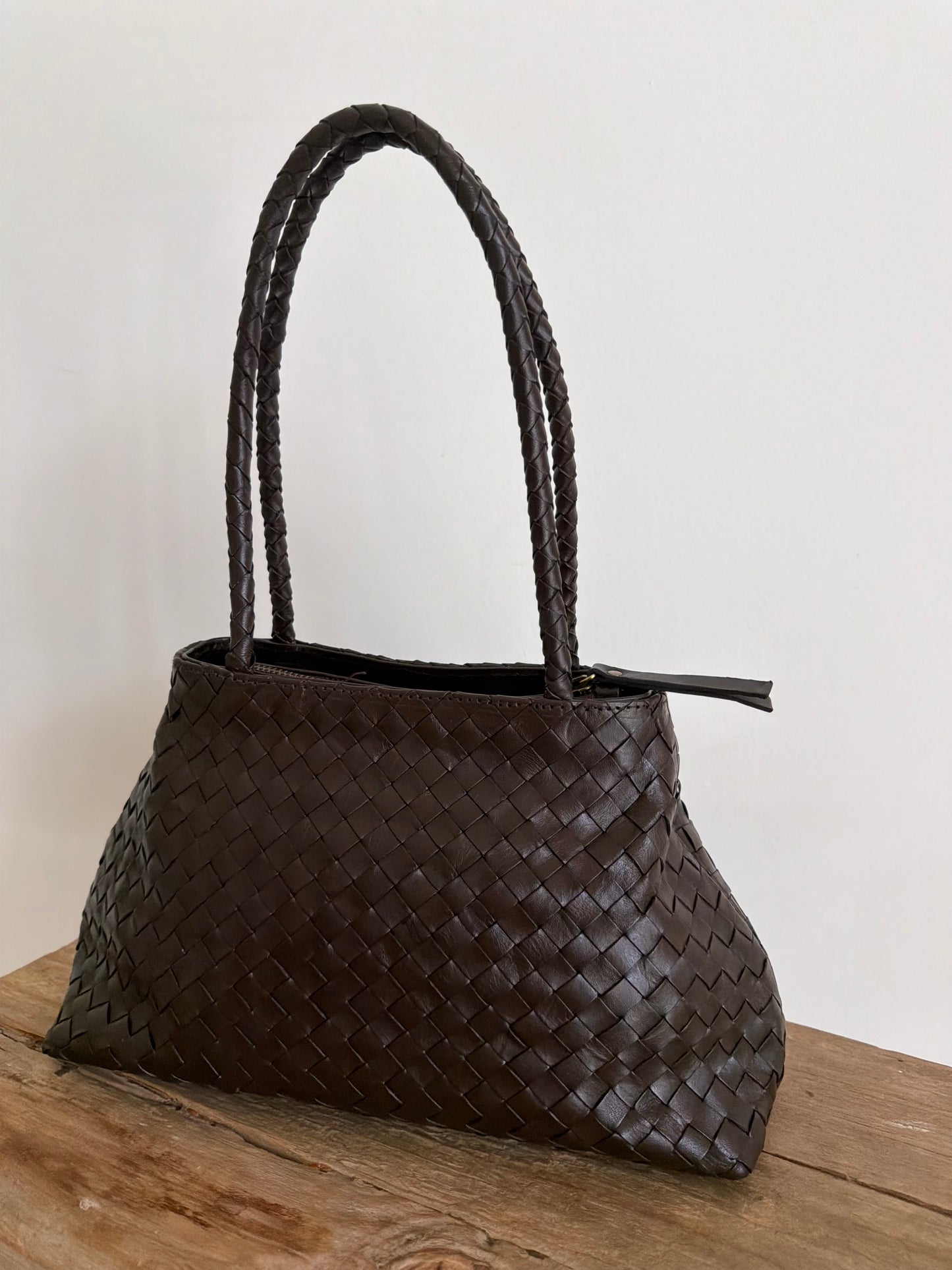 Brown Leather Woven Handbag