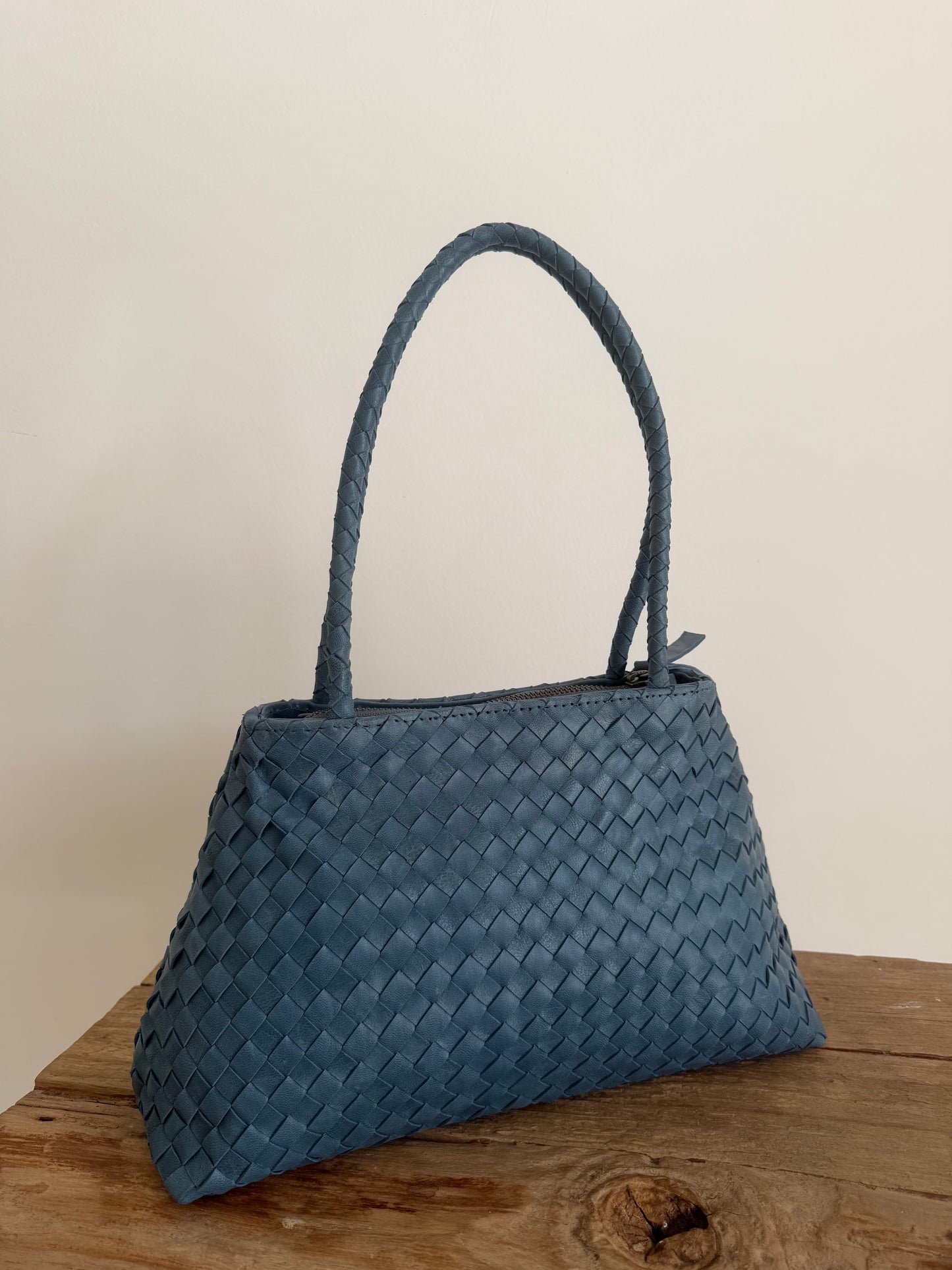 Blue Leather Woven Handbag