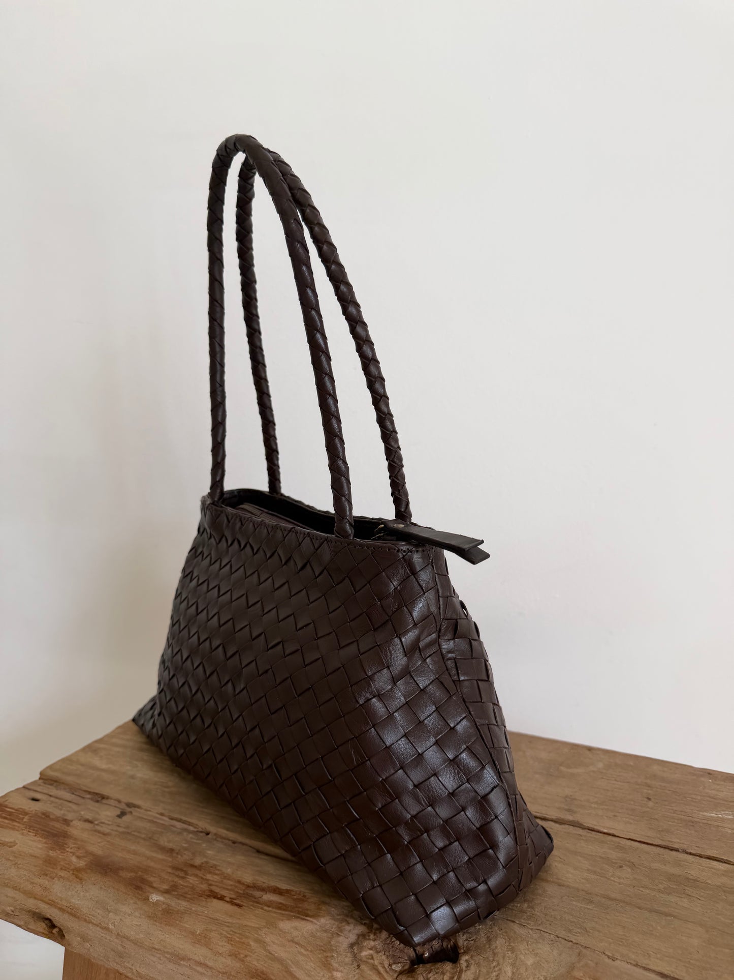 Brown Leather Woven Handbag