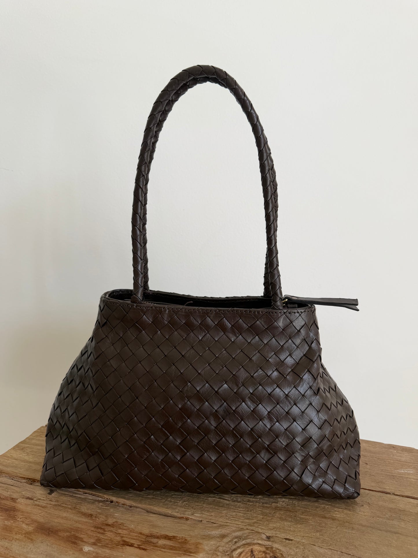 Brown Leather Woven Handbag