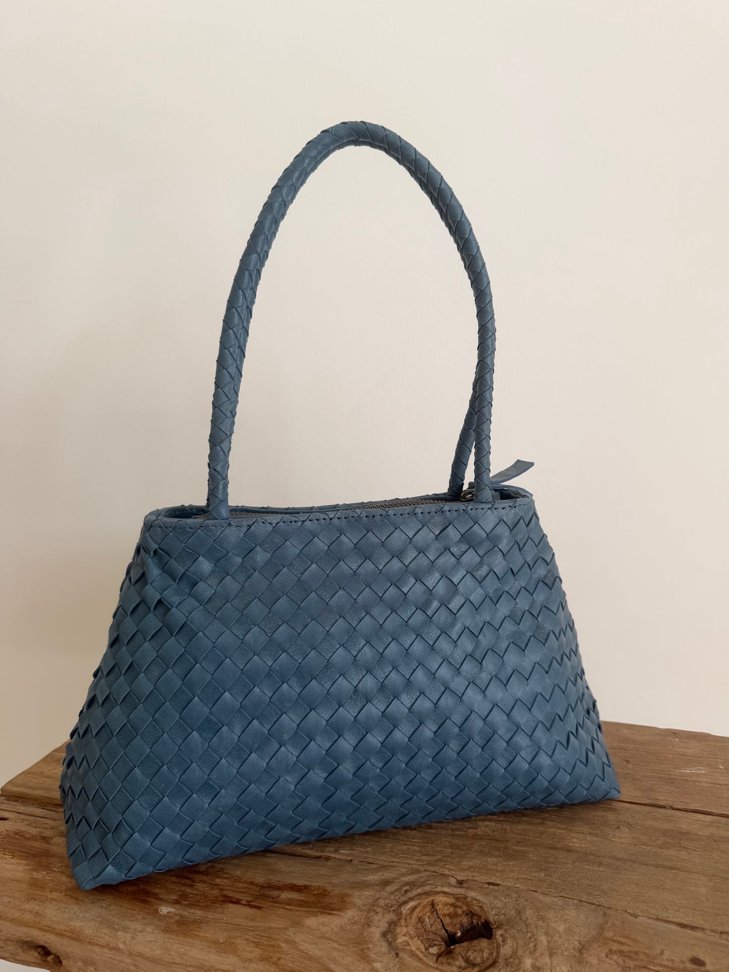 Blue Leather Woven Handbag