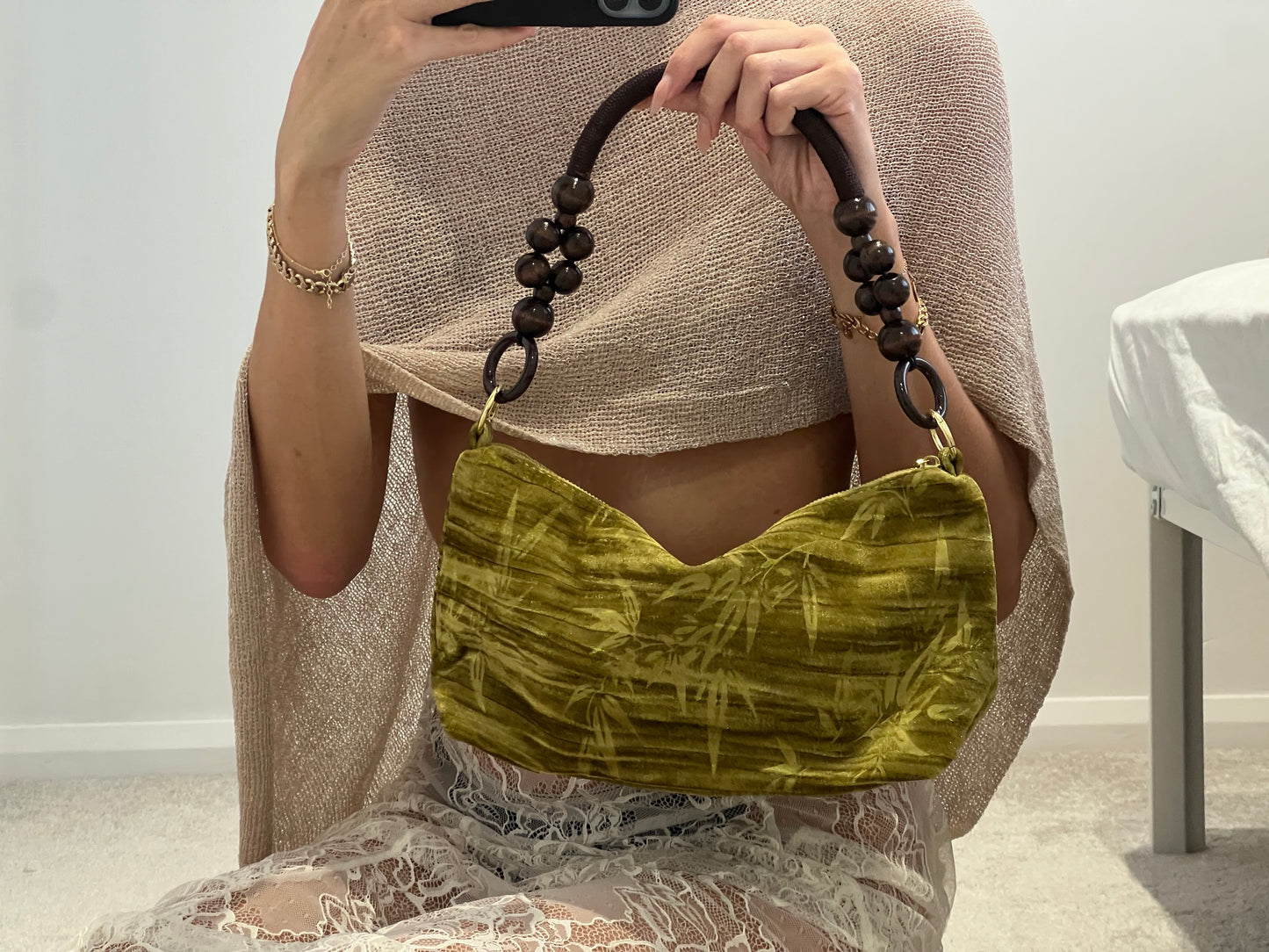 Floral Handbag Wooden Handle