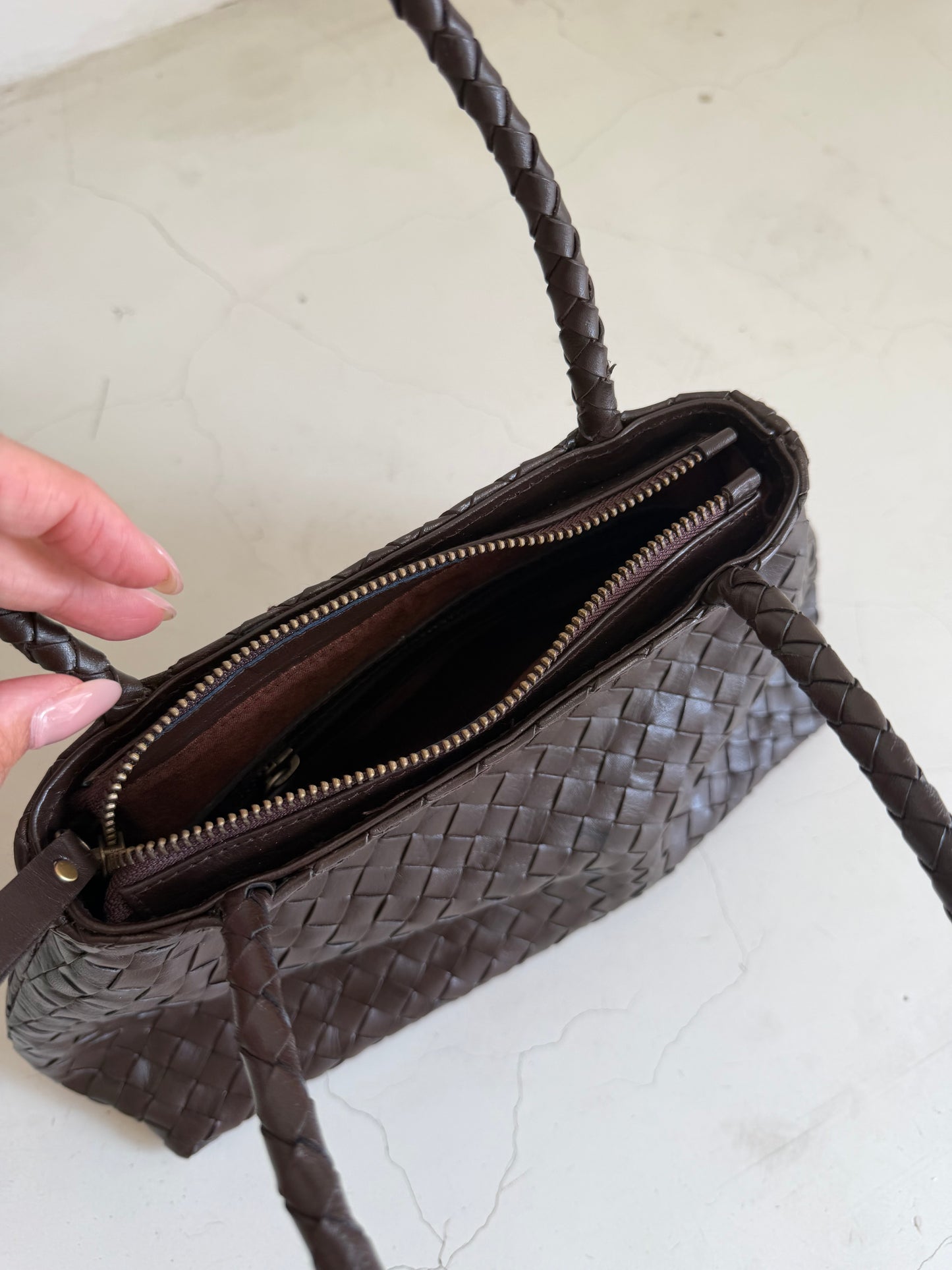 Brown Leather Woven Handbag