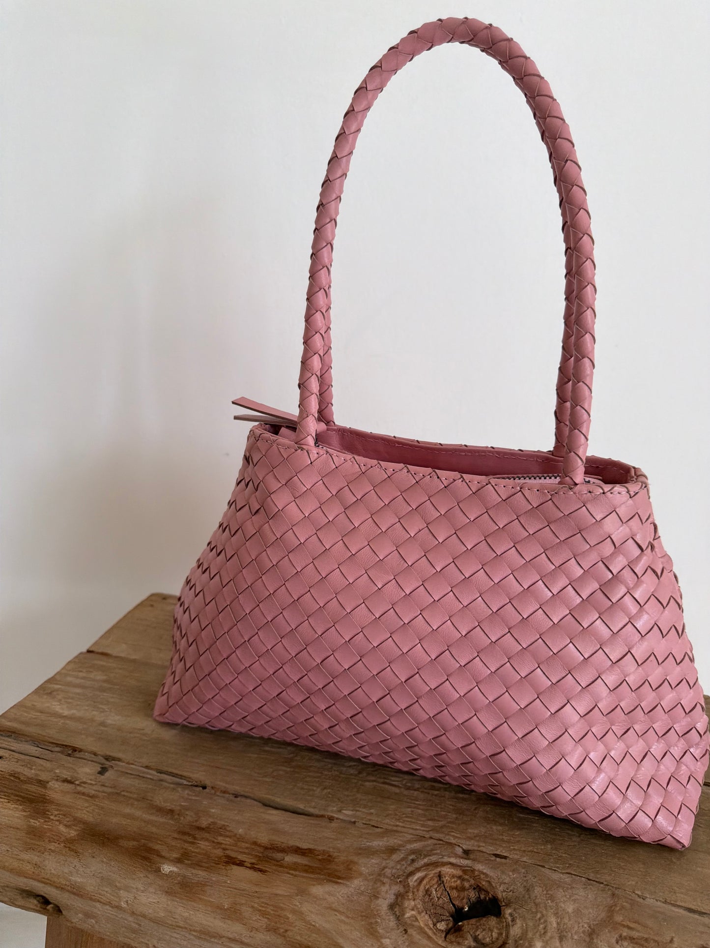 Pink Leather Woven Handbag