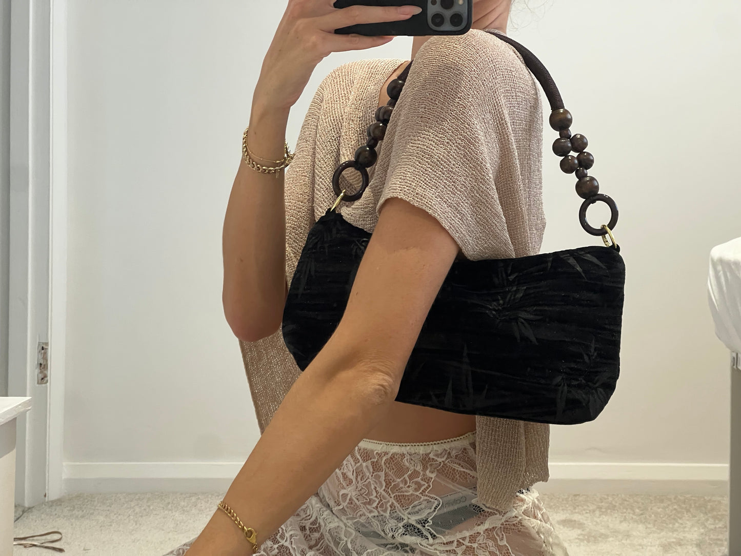 Floral Handbag Wooden Handle