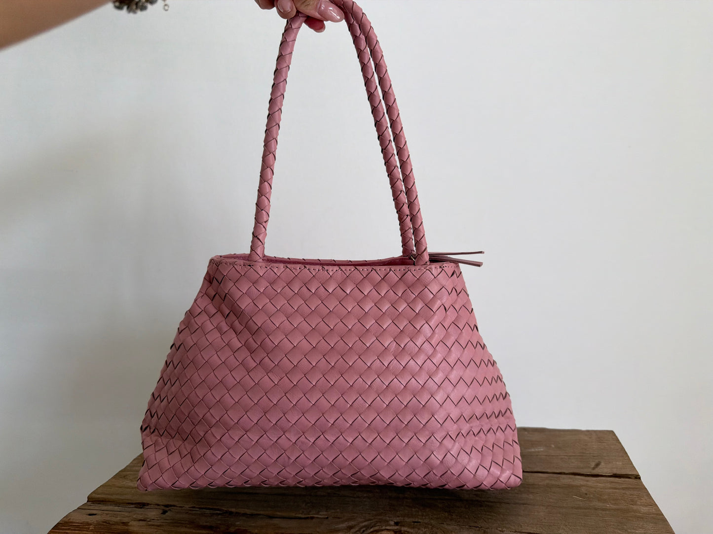 Pink Leather Woven Handbag