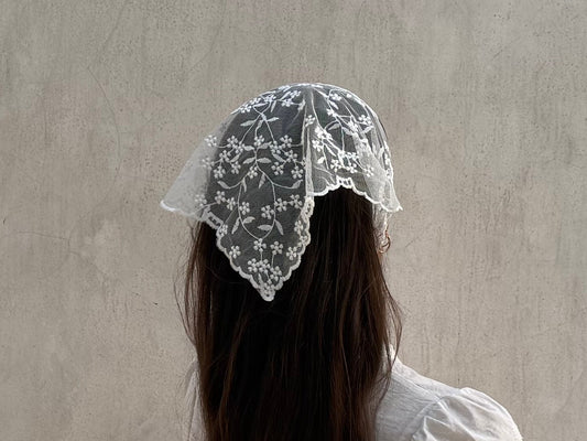 White floral lace head scarf cottagecore lace bandana whimsy fairycore