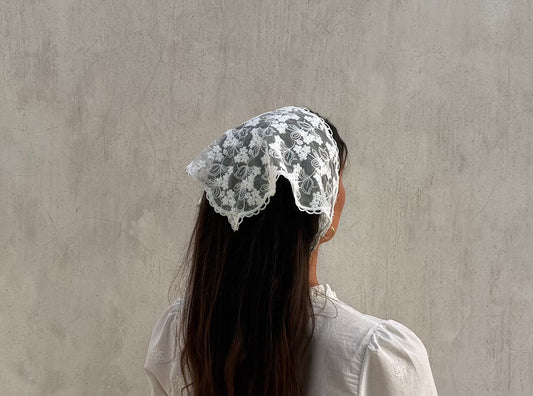 White floral lace head scarf cottagecore lace bandana whimsy fairycore