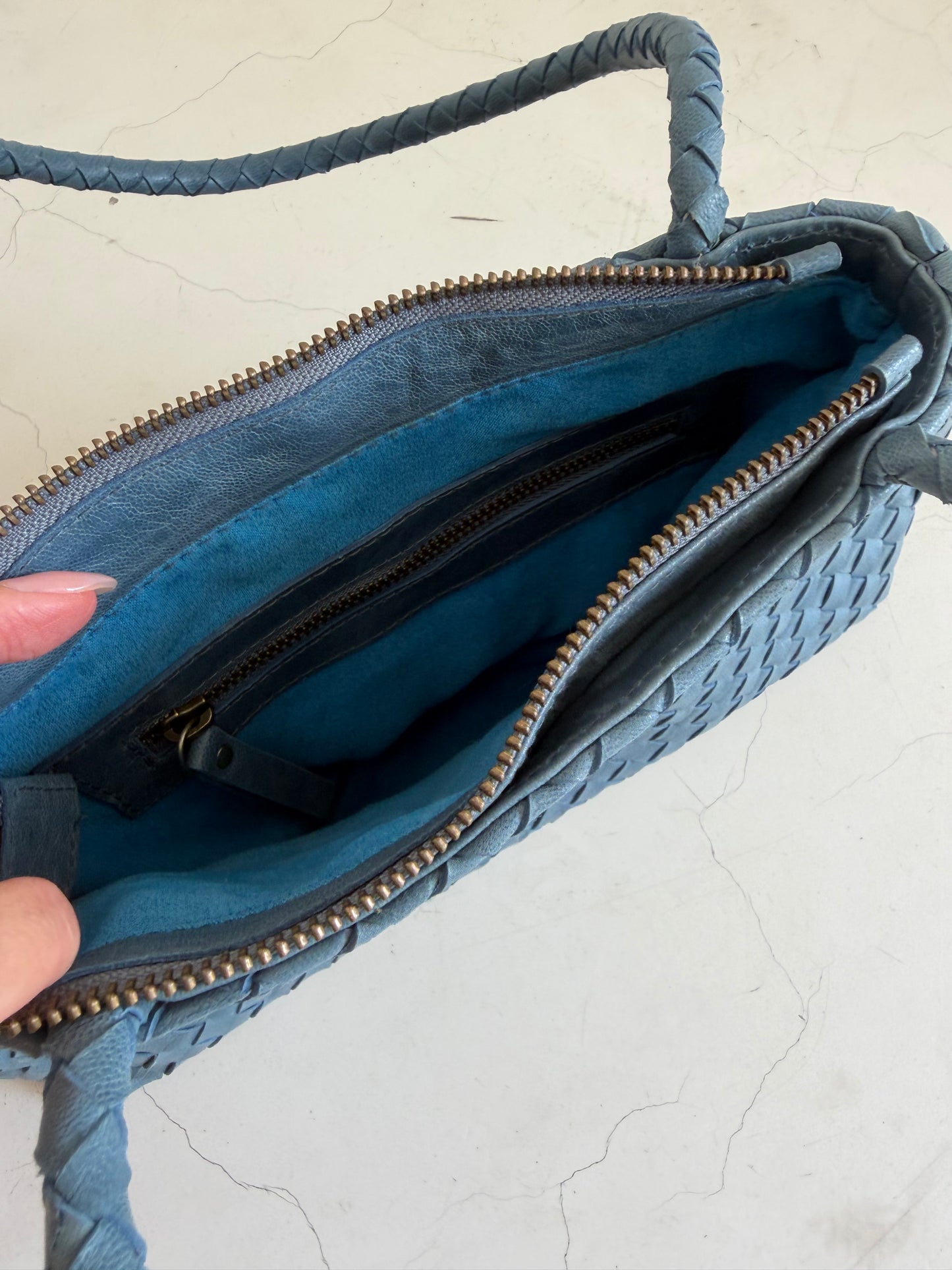 Blue Leather Woven Handbag