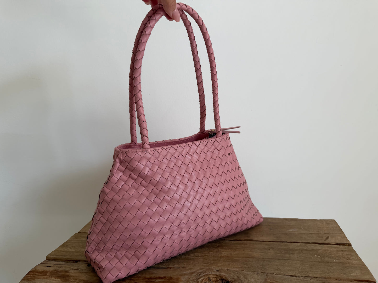 Pink Leather Woven Handbag