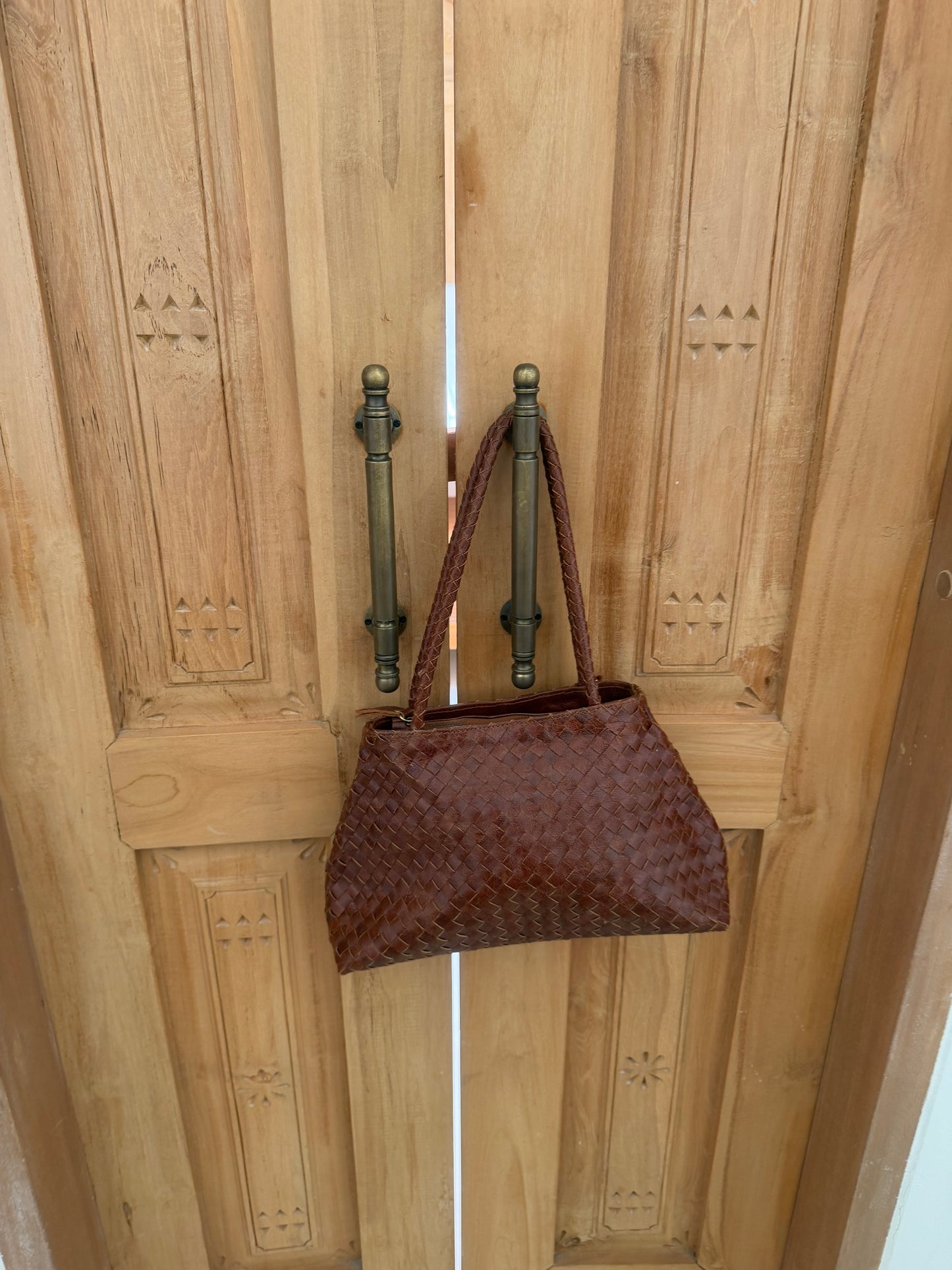 Light Brown Leather Woven Handbag
