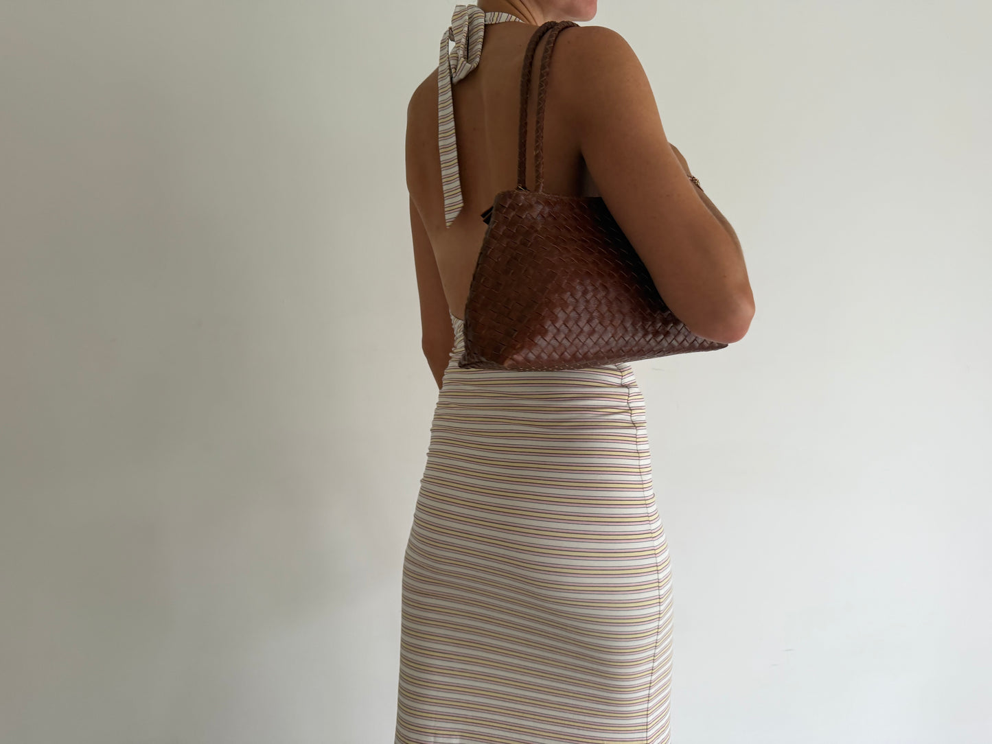 Light Brown Leather Woven Handbag