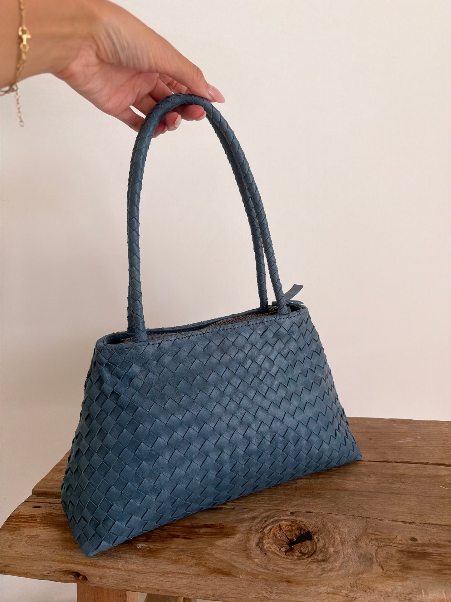 Blue Leather Woven Handbag