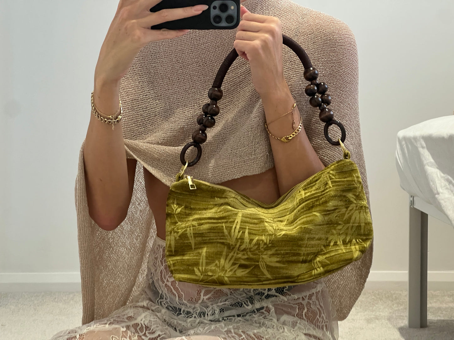 Floral Handbag Wooden Handle