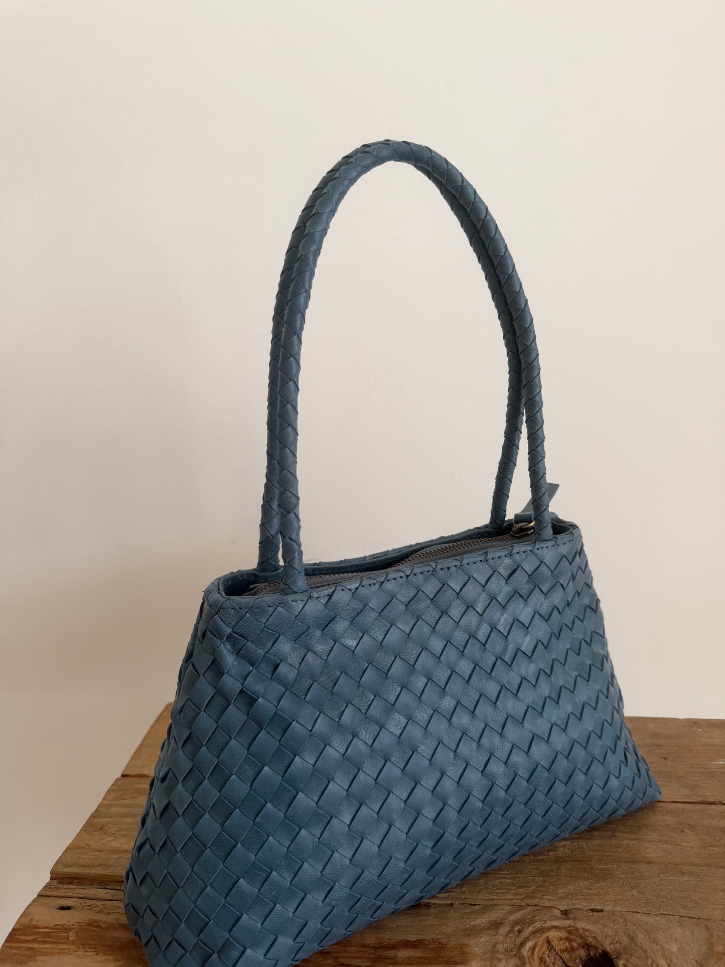 Blue Leather Woven Handbag