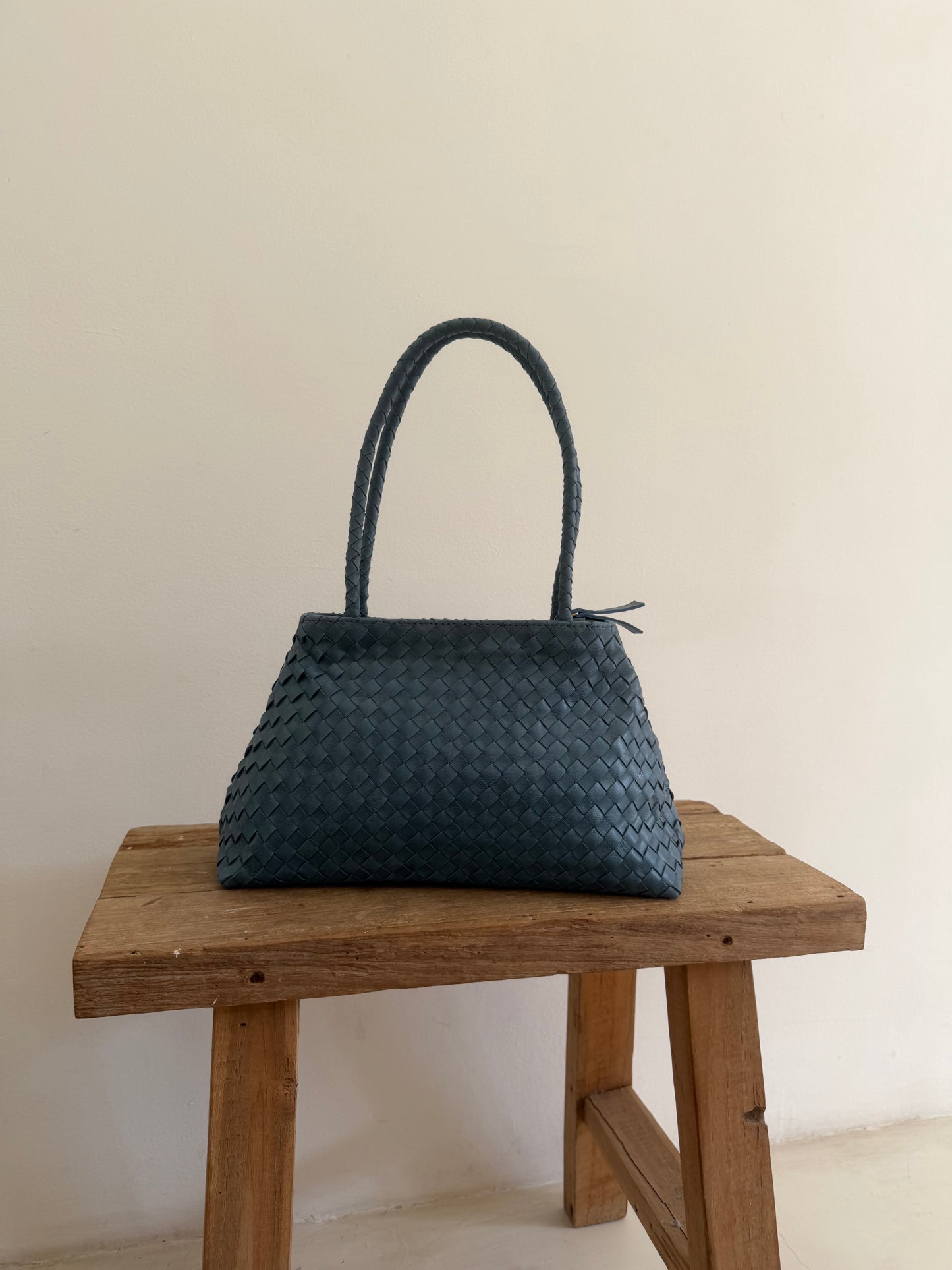 Blue Leather Woven Handbag