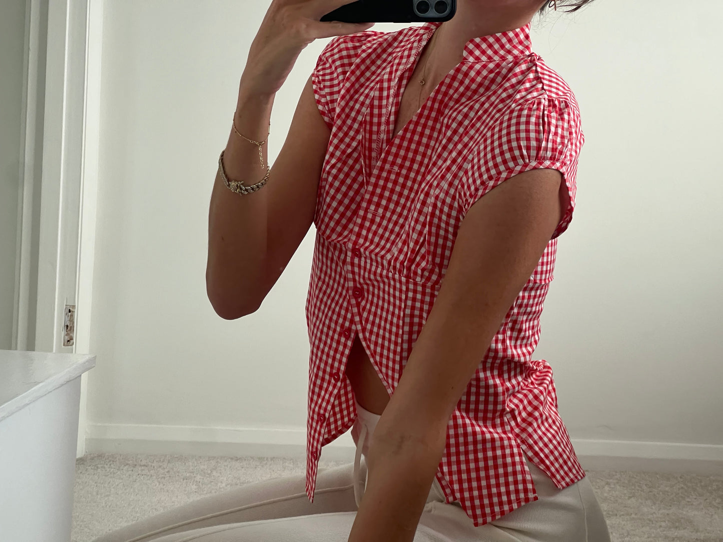 Red and white checkered shirt blouse