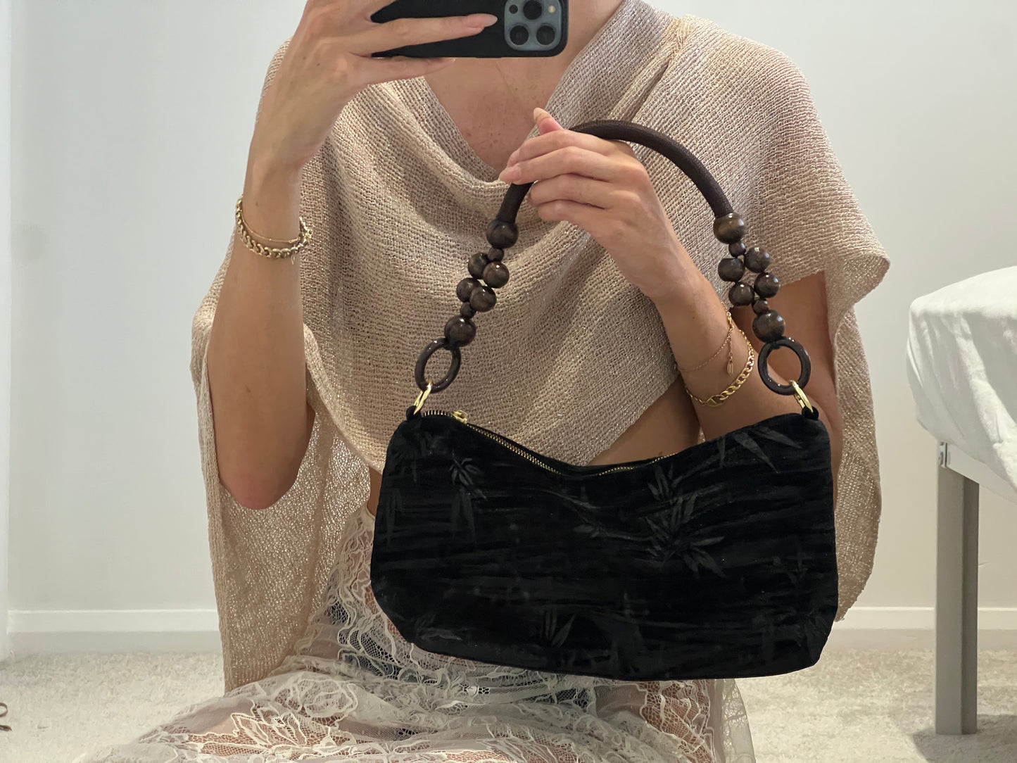 Floral Handbag Wooden Handle