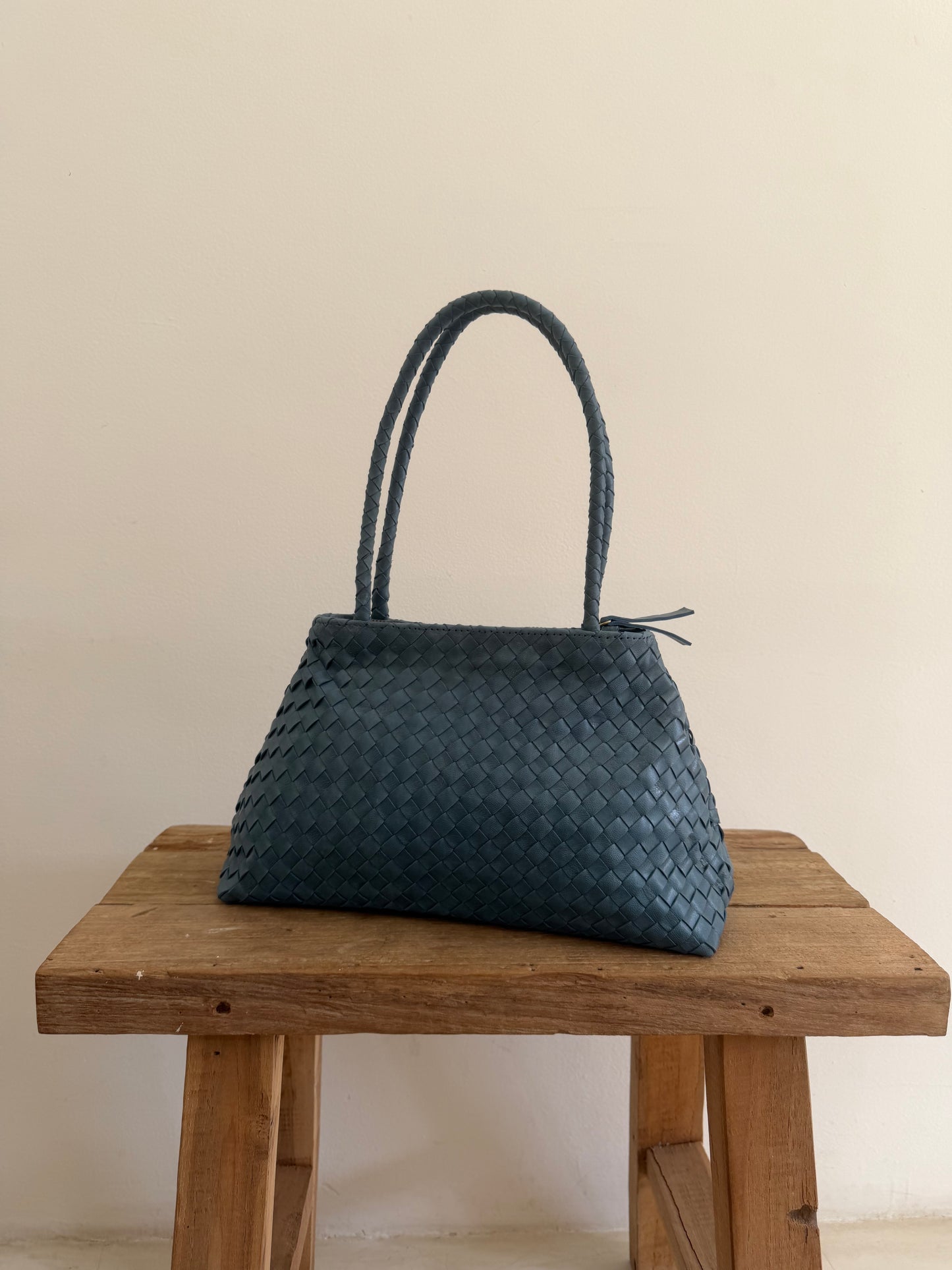 Blue Leather Woven Handbag