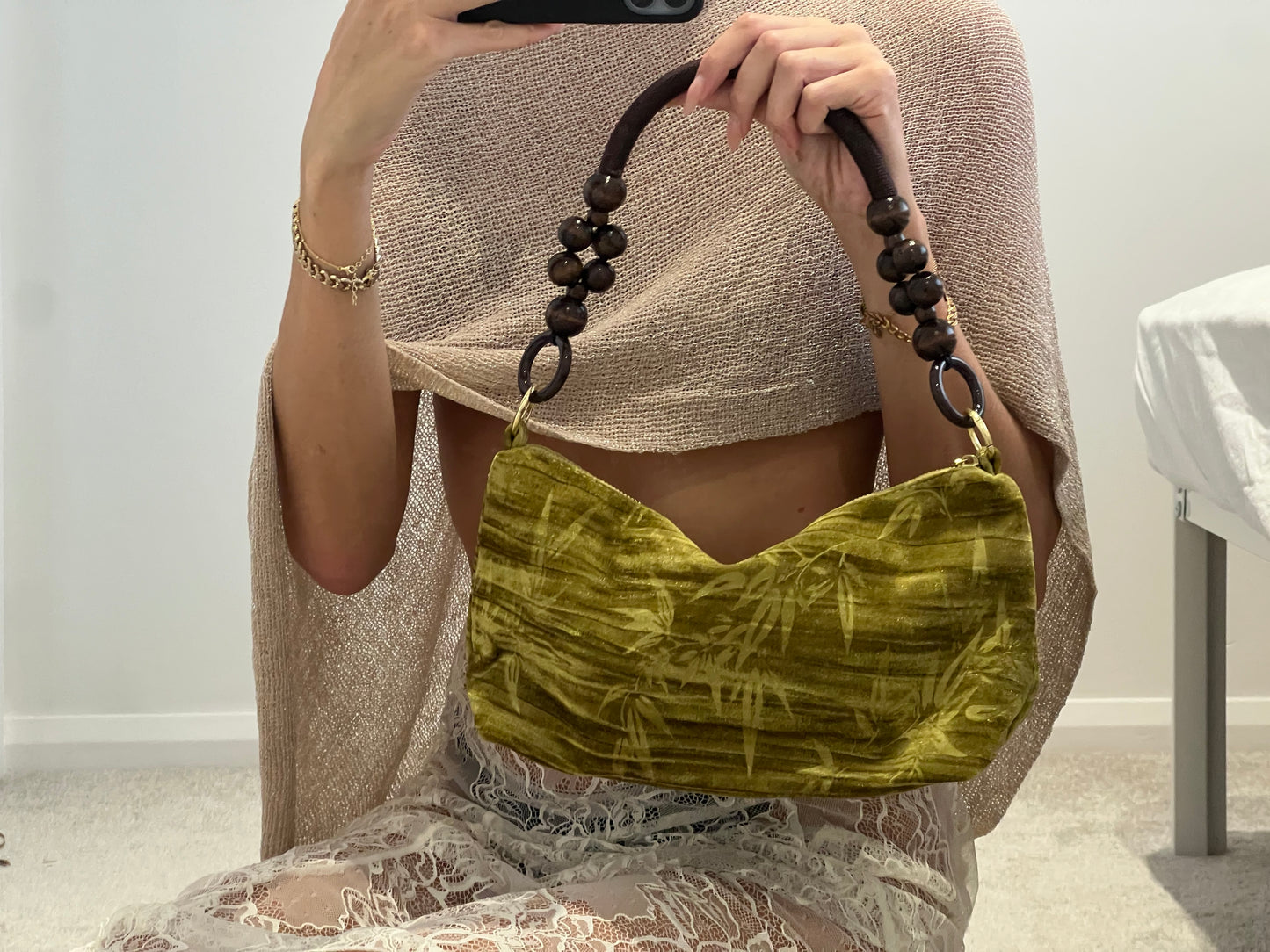 Floral Handbag Wooden Handle