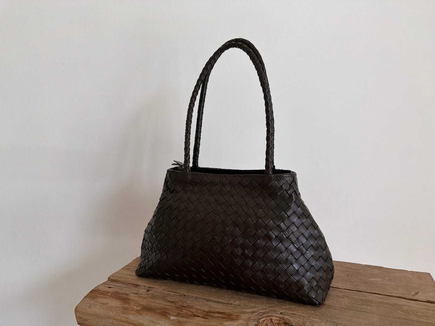 Brown Leather Woven Handbag