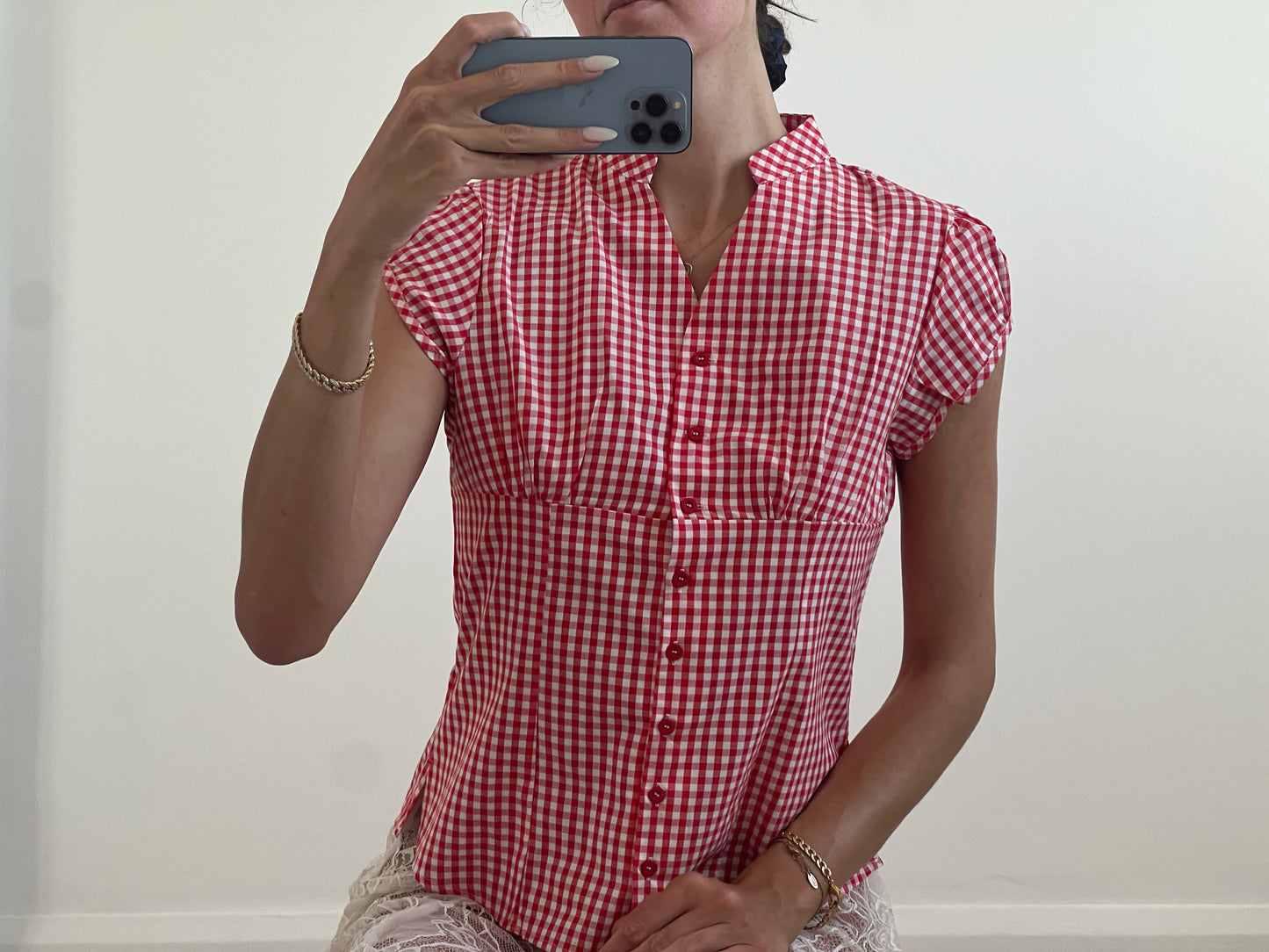 Red and white checkered shirt blouse