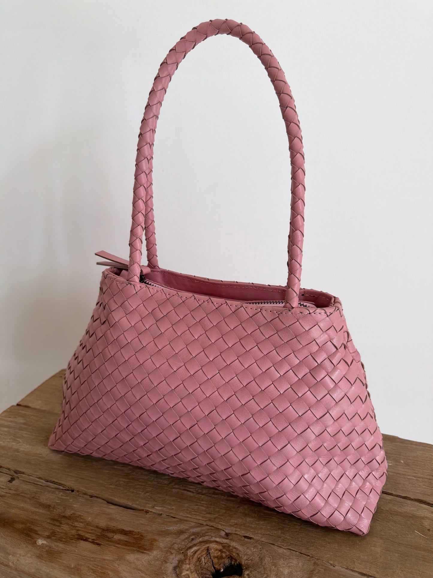 Pink Leather Woven Handbag