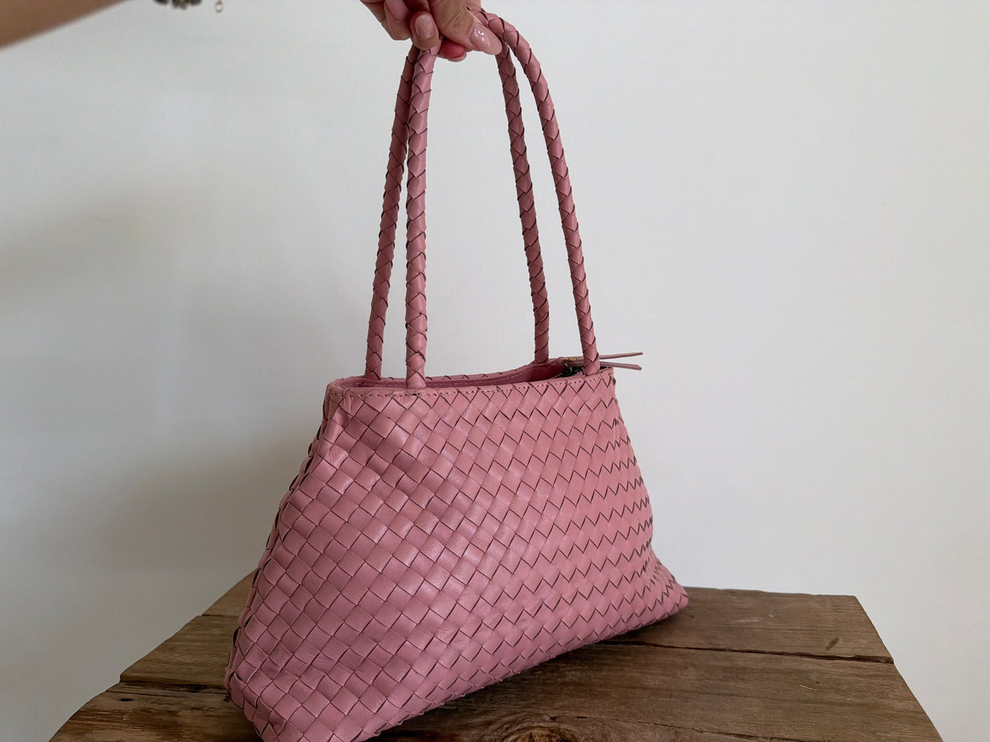 Pink Leather Woven Handbag