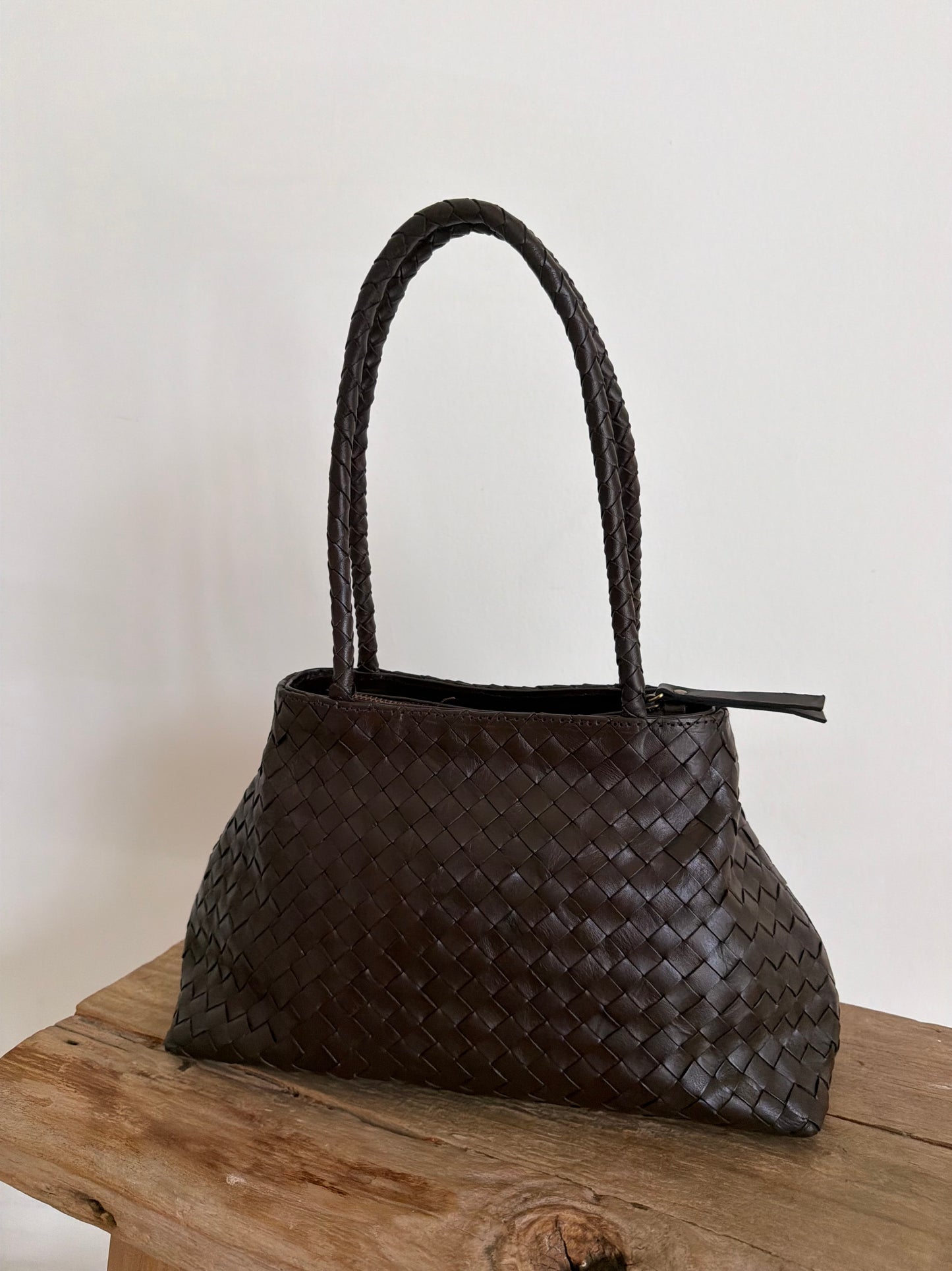 Brown Leather Woven Handbag