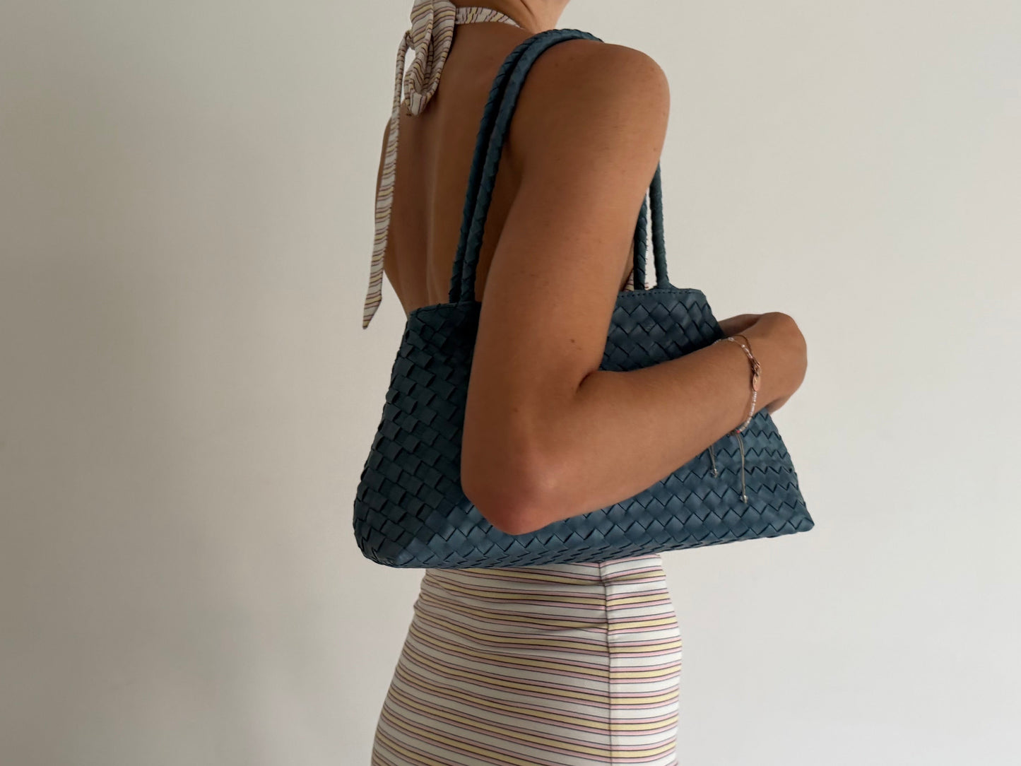 Blue Leather Woven Handbag