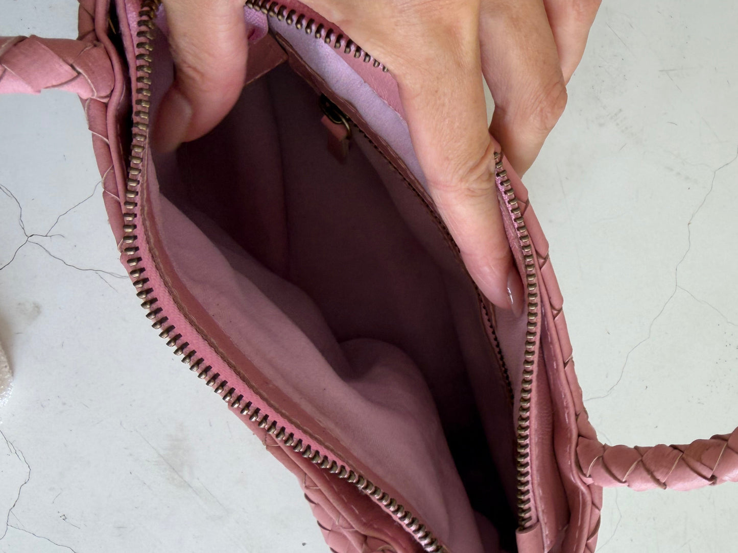 Pink Leather Woven Handbag