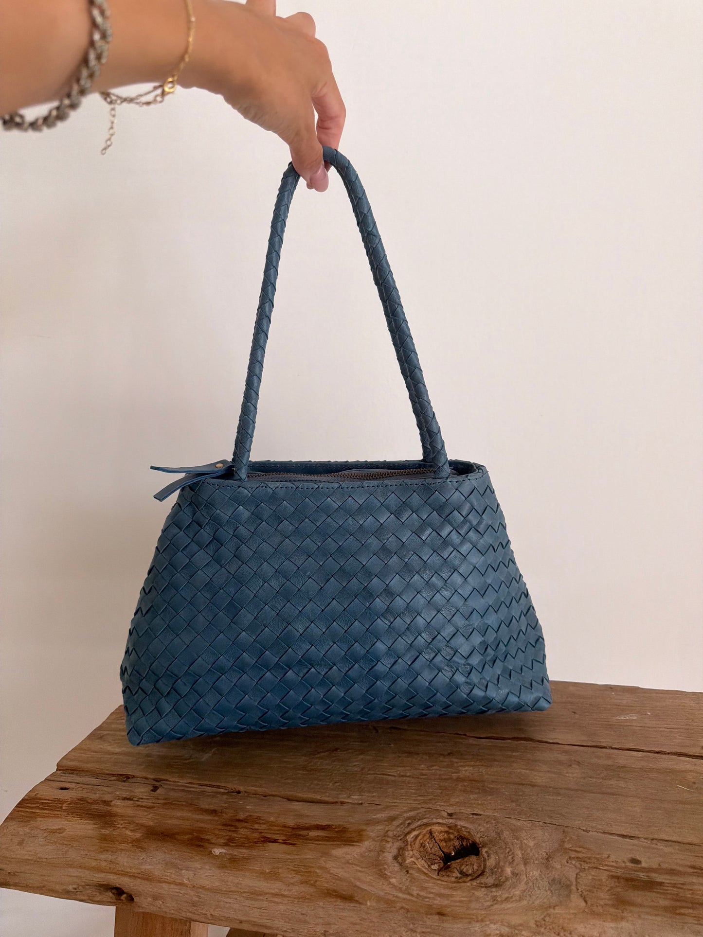 Blue Leather Woven Handbag